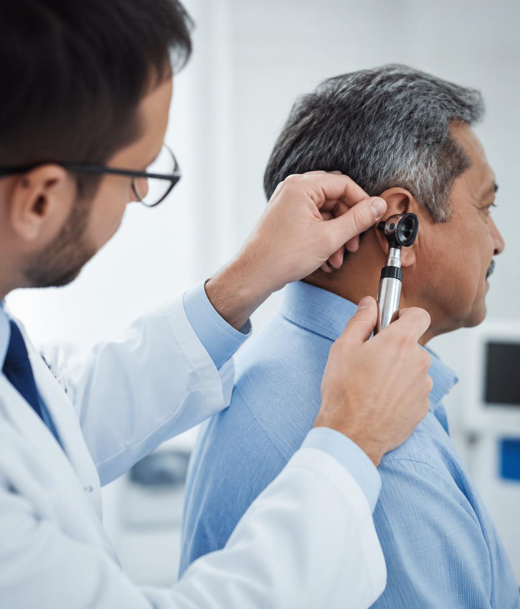 Médico especialista realizando una evaluación de oído con otoscopio a un paciente adulto